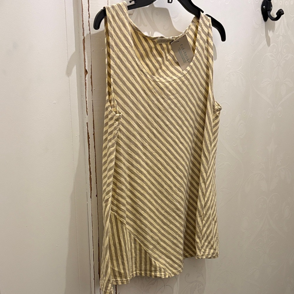 Cutloose cotton Striped Tank Top in butter yellow & Gray. Pre- shrunk  NWT  L